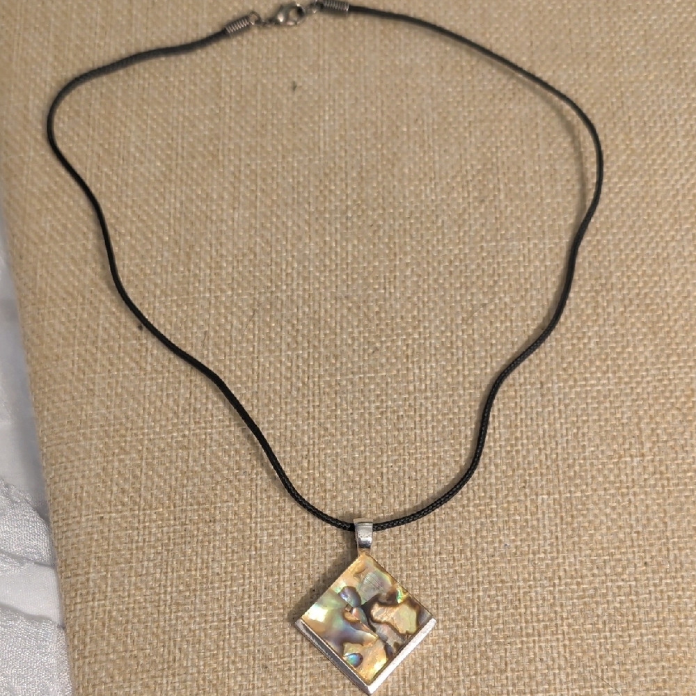 Vintage Abalon Signed Roman Pendant On Black Cord Necklace